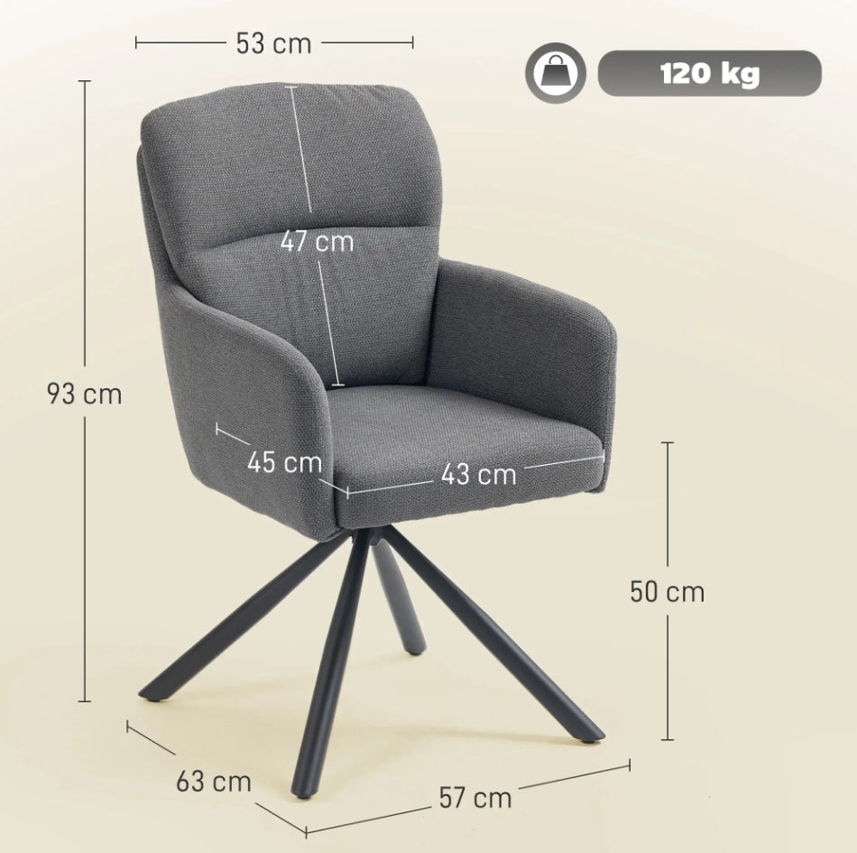 Gepolsterter Esszimmer Drehstuhl Grau – 360° Funktion, 10 cm Dicke Polsterung & Leinen-Optik