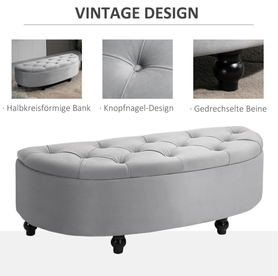 Sitztruhe mit Stauraum in Samtoptik Grau – Gepolsterte Aufbewahrungsbank mit Soft-Close Deckel (120 cm)