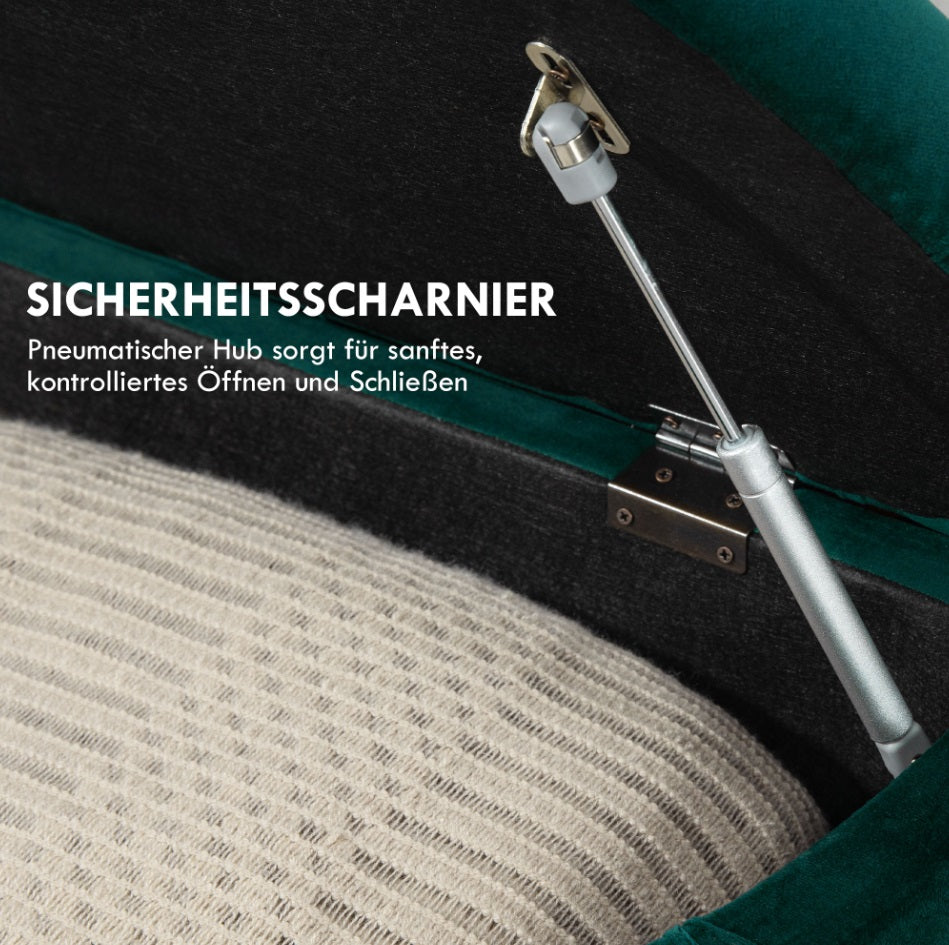 Sitztruhe mit Stauraum in Samtoptik Dunkelgrün – Gepolsterte Aufbewahrungsbank mit Soft-Close Deckel (120 cm)