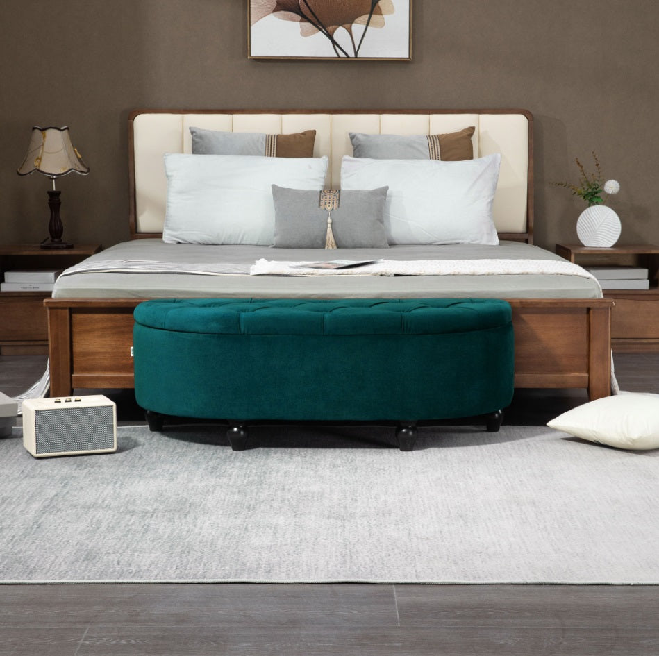 Sitztruhe mit Stauraum in Samtoptik Dunkelgrün – Gepolsterte Aufbewahrungsbank mit Soft-Close Deckel (120 cm)