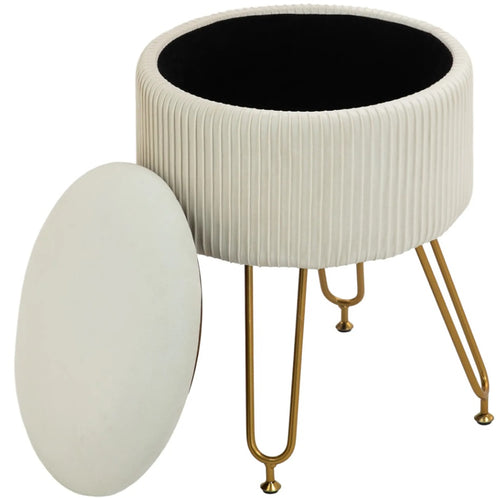 2-in-1 Aufbewahrungshocker Cremeweiß Samtoptik – Runder Fußhocker mit Tablett/Beistelltisch Funktion