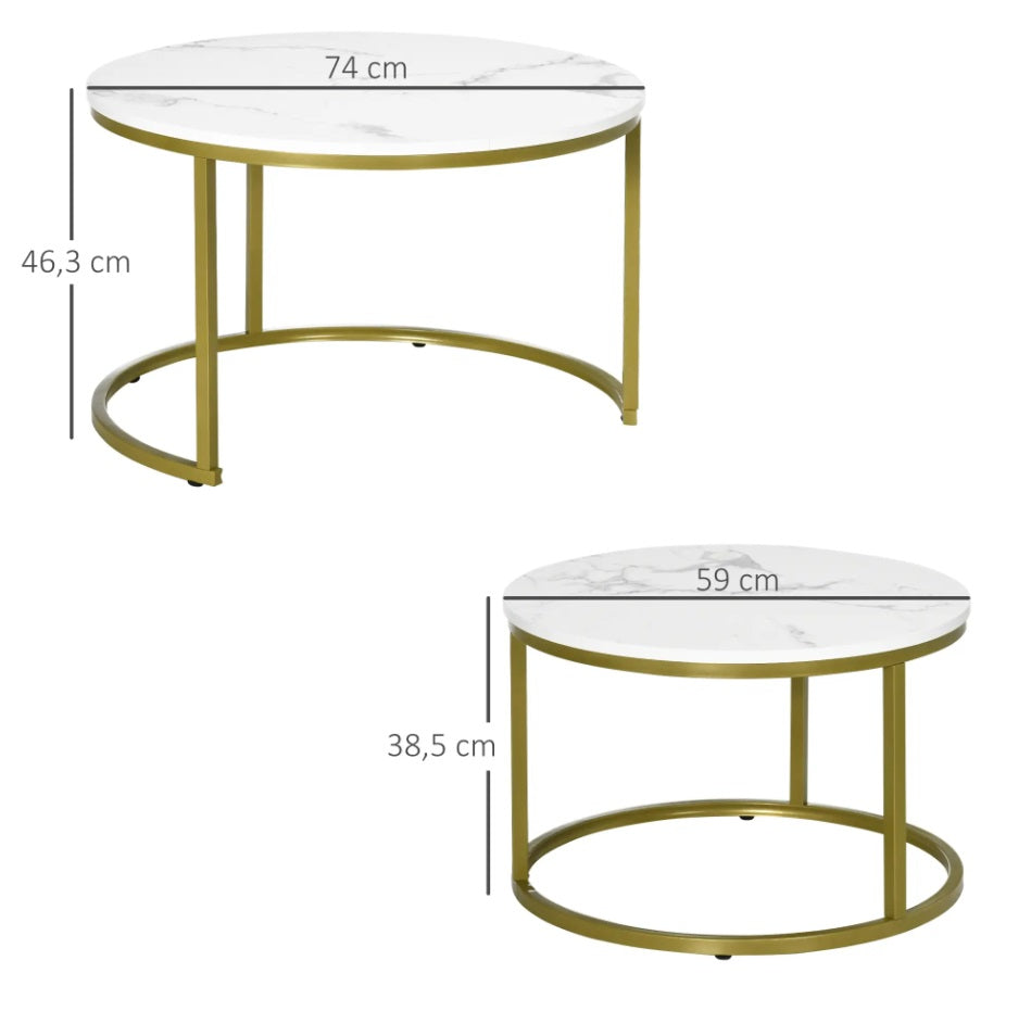 2er Beistelltisch-Set Weiß Marmor-Optik – Runde Satztische (Ø74/Ø59 cm) mit Gold-Stahlrahmen