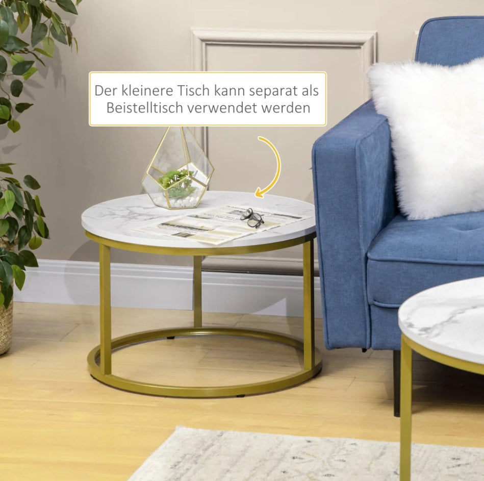 2er Beistelltisch-Set Weiß Marmor-Optik – Runde Satztische (Ø74/Ø59 cm) mit Gold-Stahlrahmen