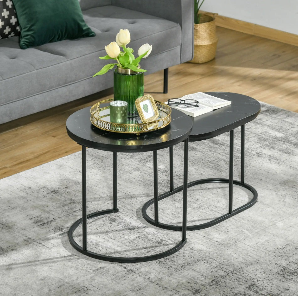2er Couchtisch-Set Schwarz – Runder & Ovaler Satztisch in Marmor-Optik, stapelbar