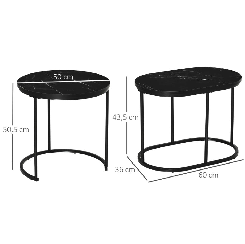 2er Couchtisch-Set Schwarz – Runder & Ovaler Satztisch in Marmor-Optik, stapelbar