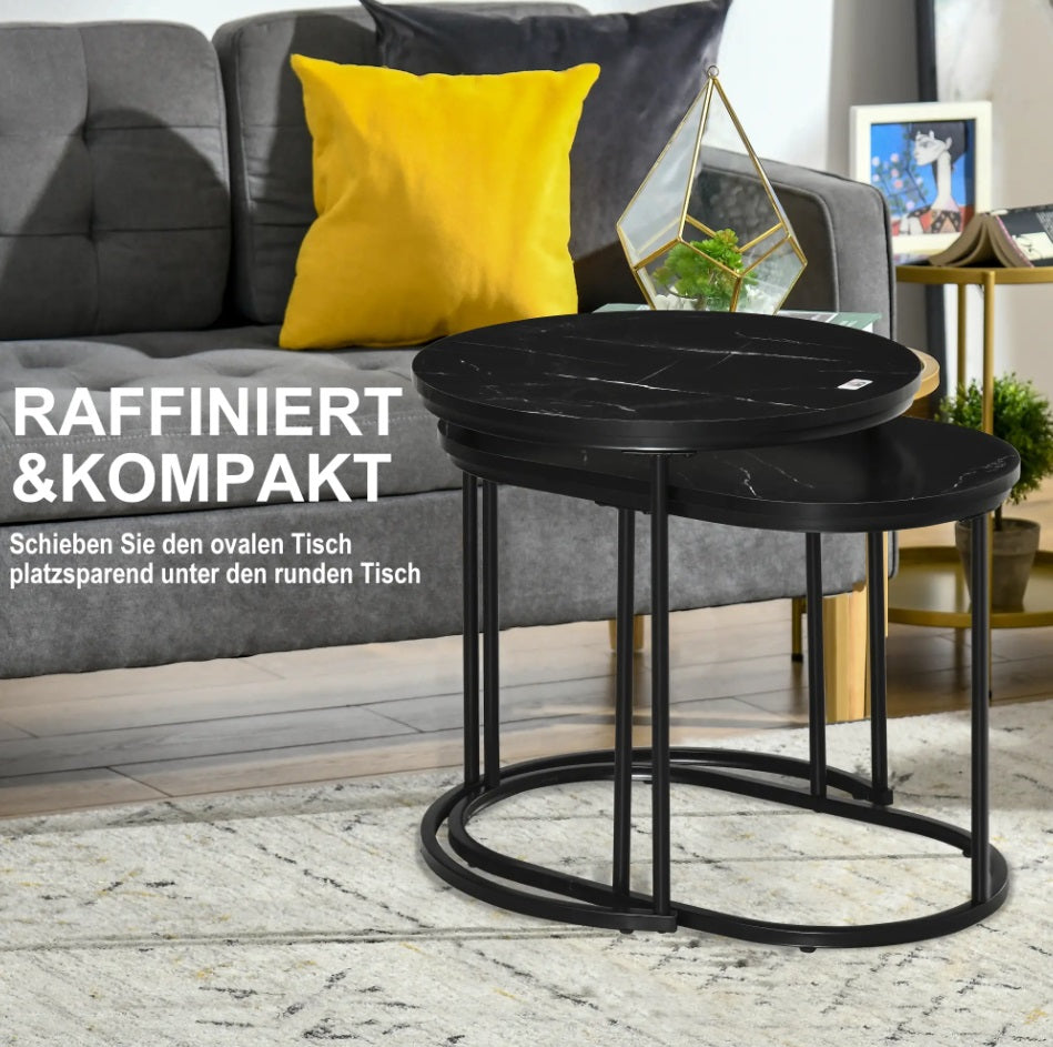 2er Couchtisch-Set Schwarz – Runder & Ovaler Satztisch in Marmor-Optik, stapelbar