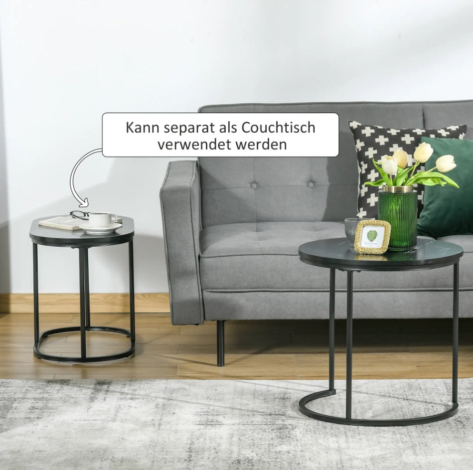 2er Couchtisch-Set Schwarz – Runder & Ovaler Satztisch in Marmor-Optik, stapelbar