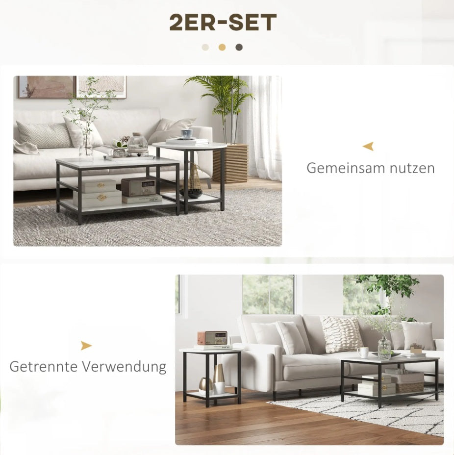 Couchtisch 2er-Set Schwarz/Weiß – Runder & Rechteckiger Beistelltisch in Marmor-Optik mit Ablage