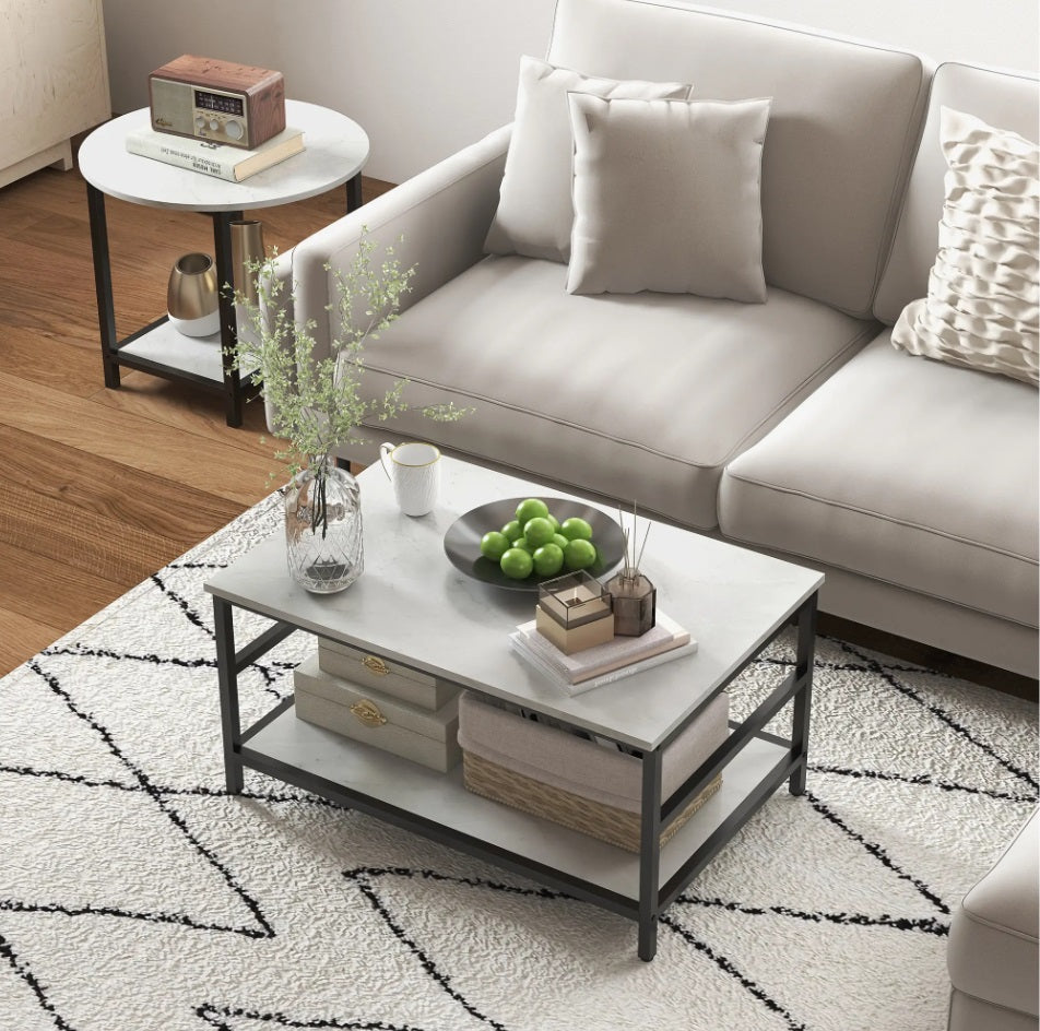 Couchtisch 2er-Set Schwarz/Weiß – Runder & Rechteckiger Beistelltisch in Marmor-Optik mit Ablage