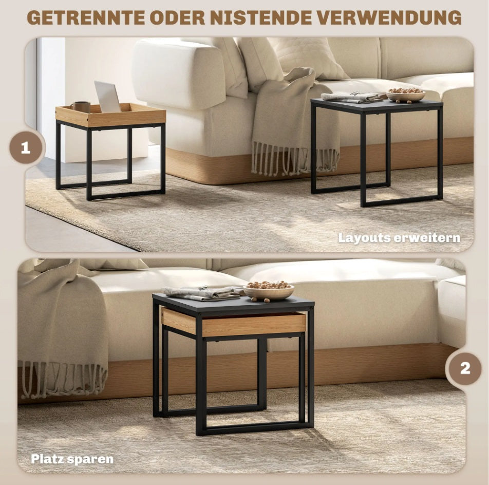 2er Couchtisch-Set Schwarz – Moderne Quadratische Sofatische (45/40 cm) Ineinanderstellbar