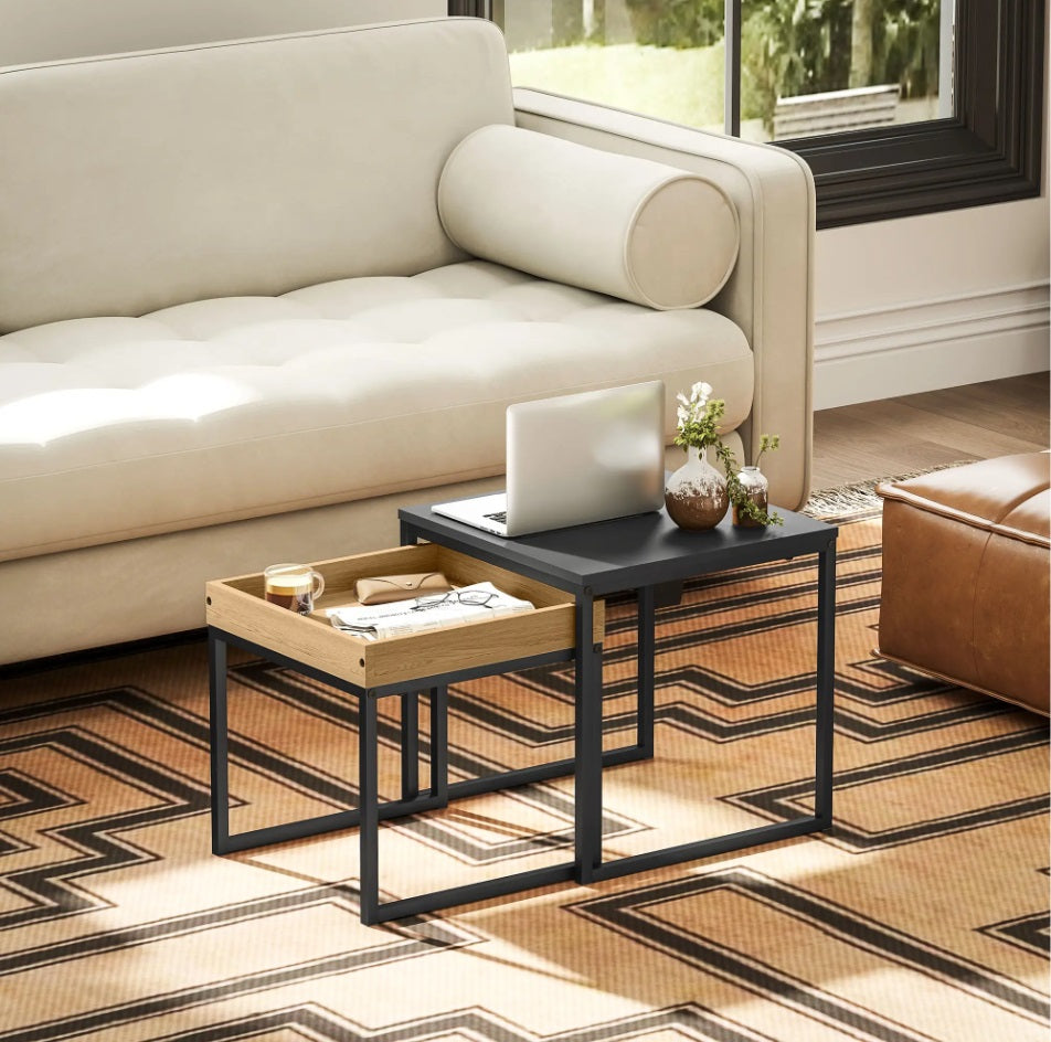 2er Couchtisch-Set Schwarz – Moderne Quadratische Sofatische (45/40 cm) Ineinanderstellbar