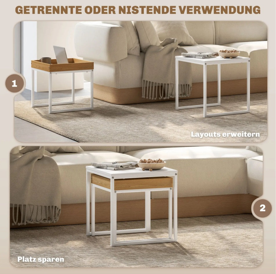 2er Couchtisch-Set Weiß – Moderne Quadratische Sofatische (45/40 cm) für kleine Räume