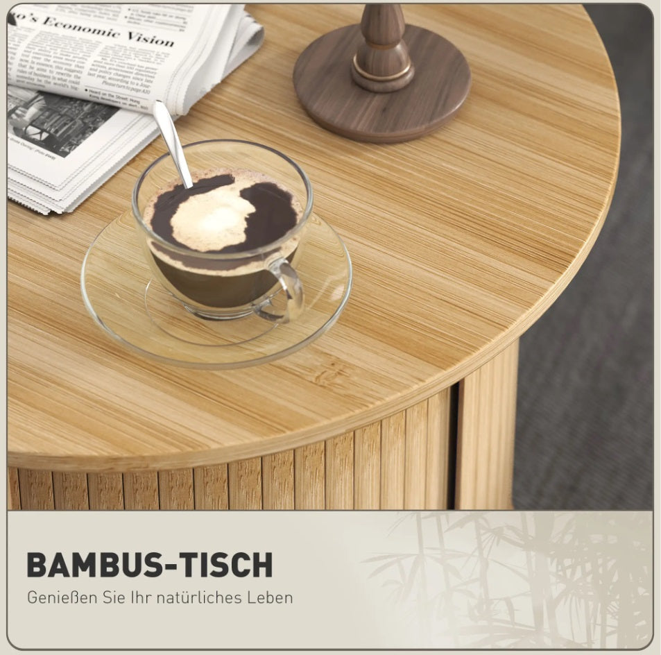 Beistelltisch Rund Bambus (Ø60 cm) – Couchtisch mit Verstecktem Stauraum und Schiebetür