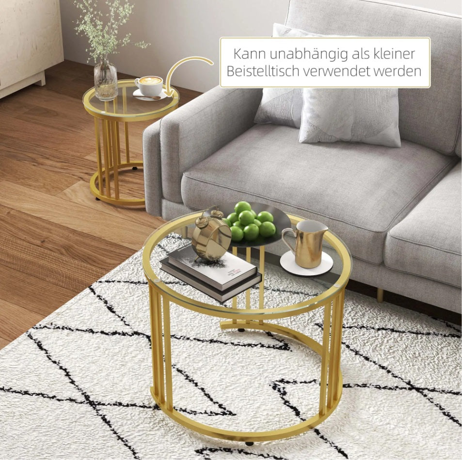 2er Beistelltisch-Set Rund Gold – Art-Déco-Satztische mit Hartglasplatte (Ø60/Ø40 cm)