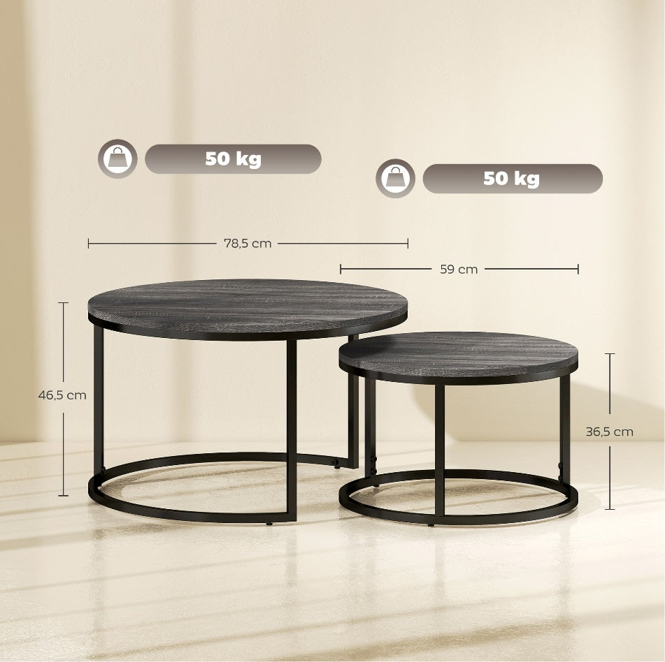 2er Couchtisch-Set Rund Dunkelgrau – Stapelbare Beistelltische in Marmor-Optik, Metall