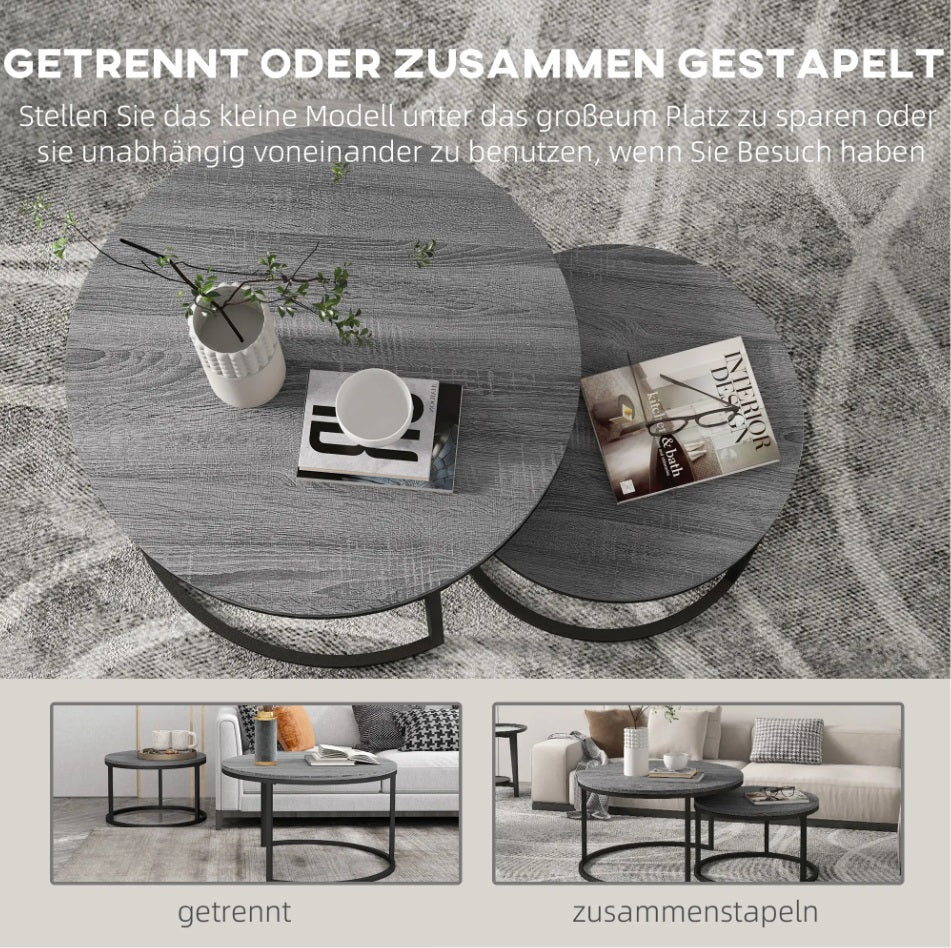 2er Couchtisch-Set Rund Dunkelgrau – Stapelbare Beistelltische in Marmor-Optik, Metall