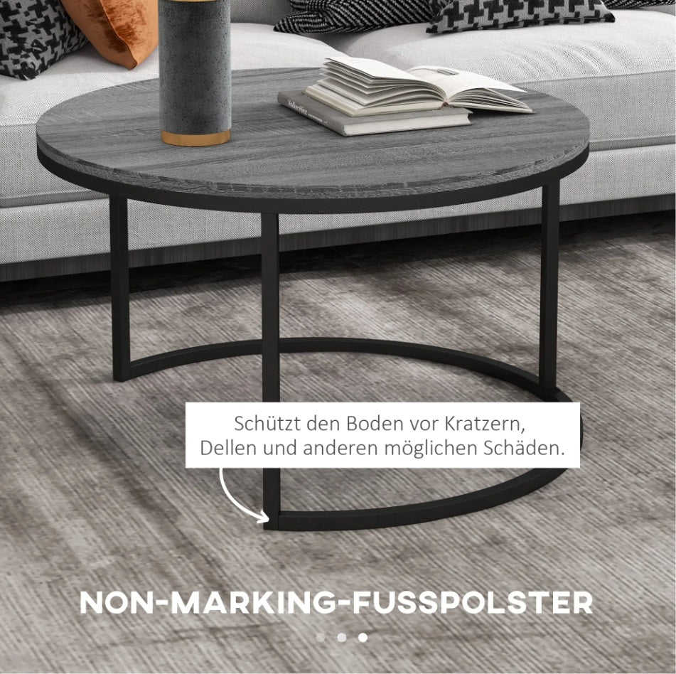 2er Couchtisch-Set Rund Dunkelgrau – Stapelbare Beistelltische in Marmor-Optik, Metall