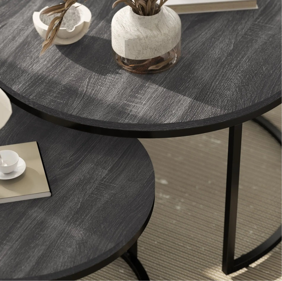 2er Couchtisch-Set Rund Dunkelgrau – Stapelbare Beistelltische in Marmor-Optik, Metall