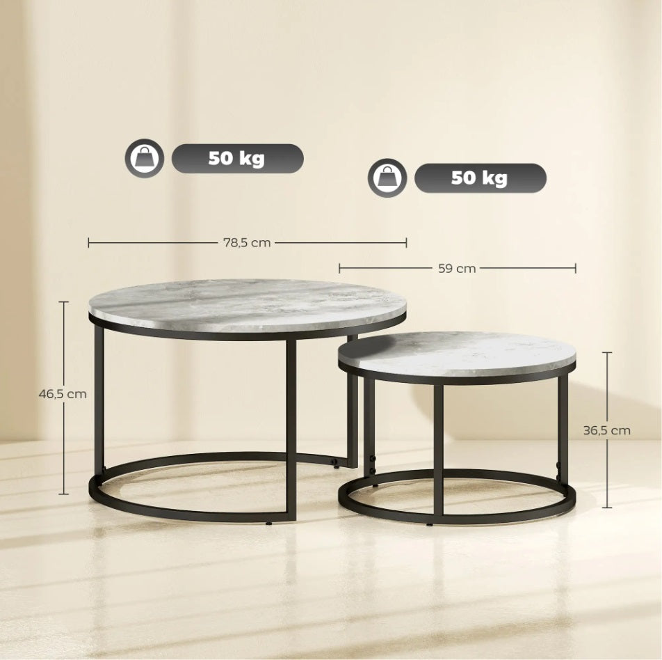 2er Couchtisch-Set Rund Hellgrau – Beton-Optik Satztische im Industriedesign (Ø78/Ø59 cm)