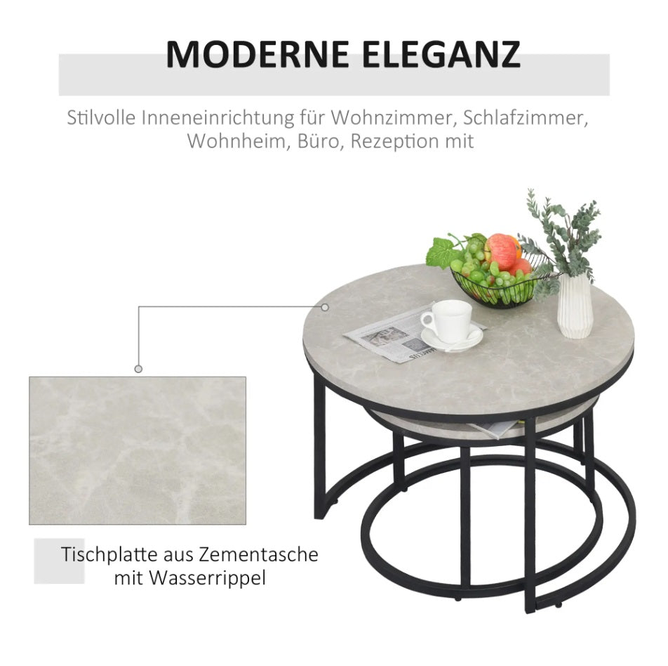 2er Couchtisch-Set Rund Hellgrau – Beton-Optik Satztische im Industriedesign (Ø78/Ø59 cm)