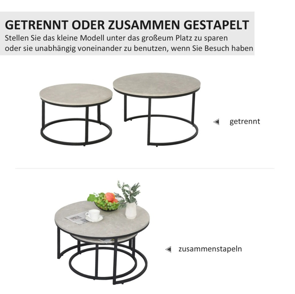 2er Couchtisch-Set Rund Schwarz – Stapelbare Beistelltische in Marmor-Optik (Ø78/Ø59 cm)