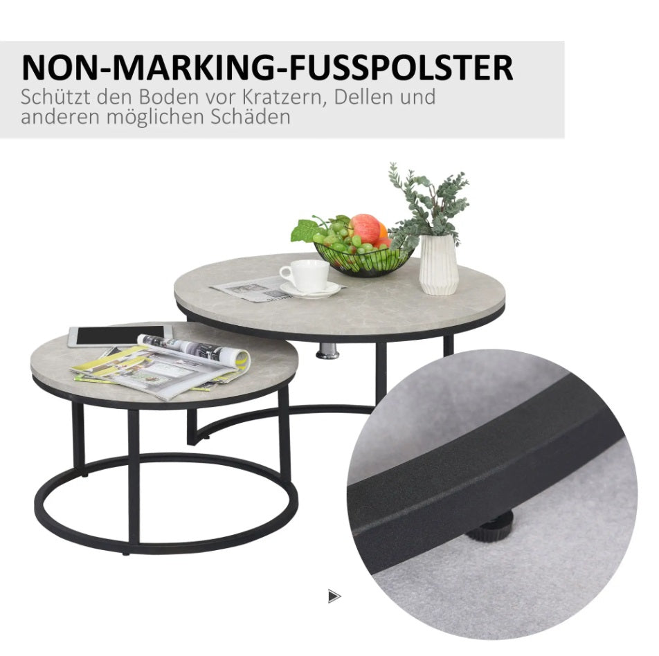 2er Couchtisch-Set Rund Schwarz – Stapelbare Beistelltische in Marmor-Optik (Ø78/Ø59 cm)