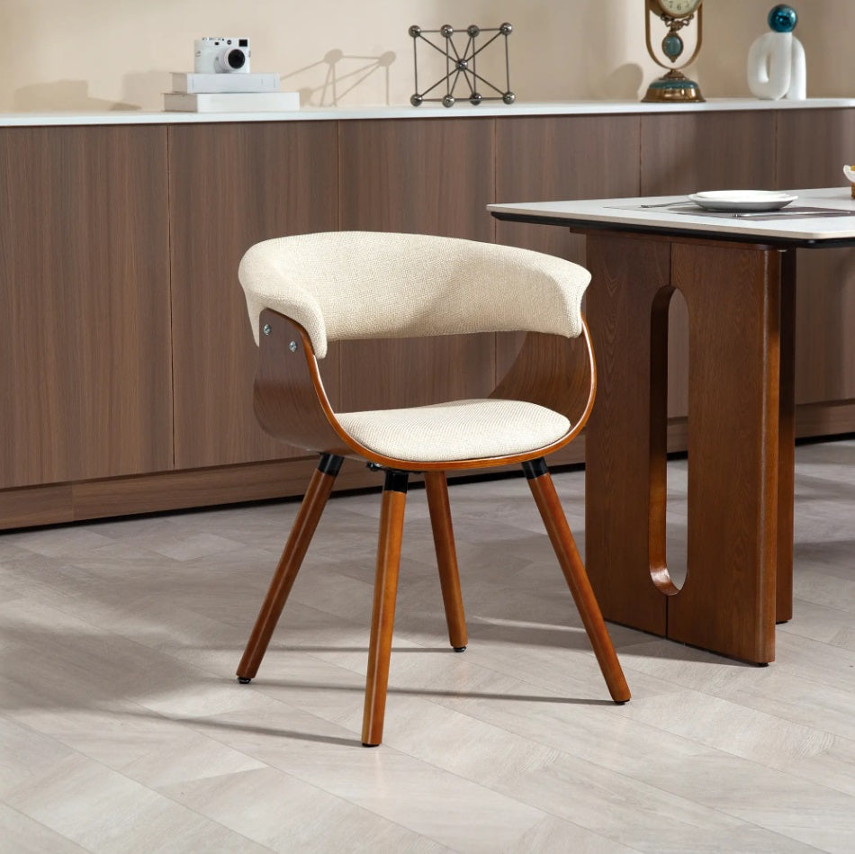 Designer Esszimmerstuhl Beige – Gebogene Holzschale & Leinen-Optik | Mid-Century