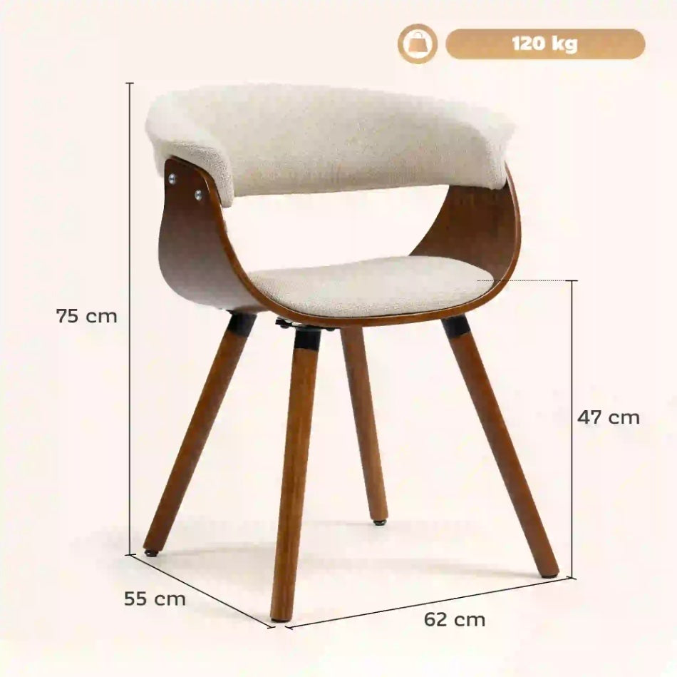 Designer Esszimmerstuhl Beige – Gebogene Holzschale & Leinen-Optik | Mid-Century