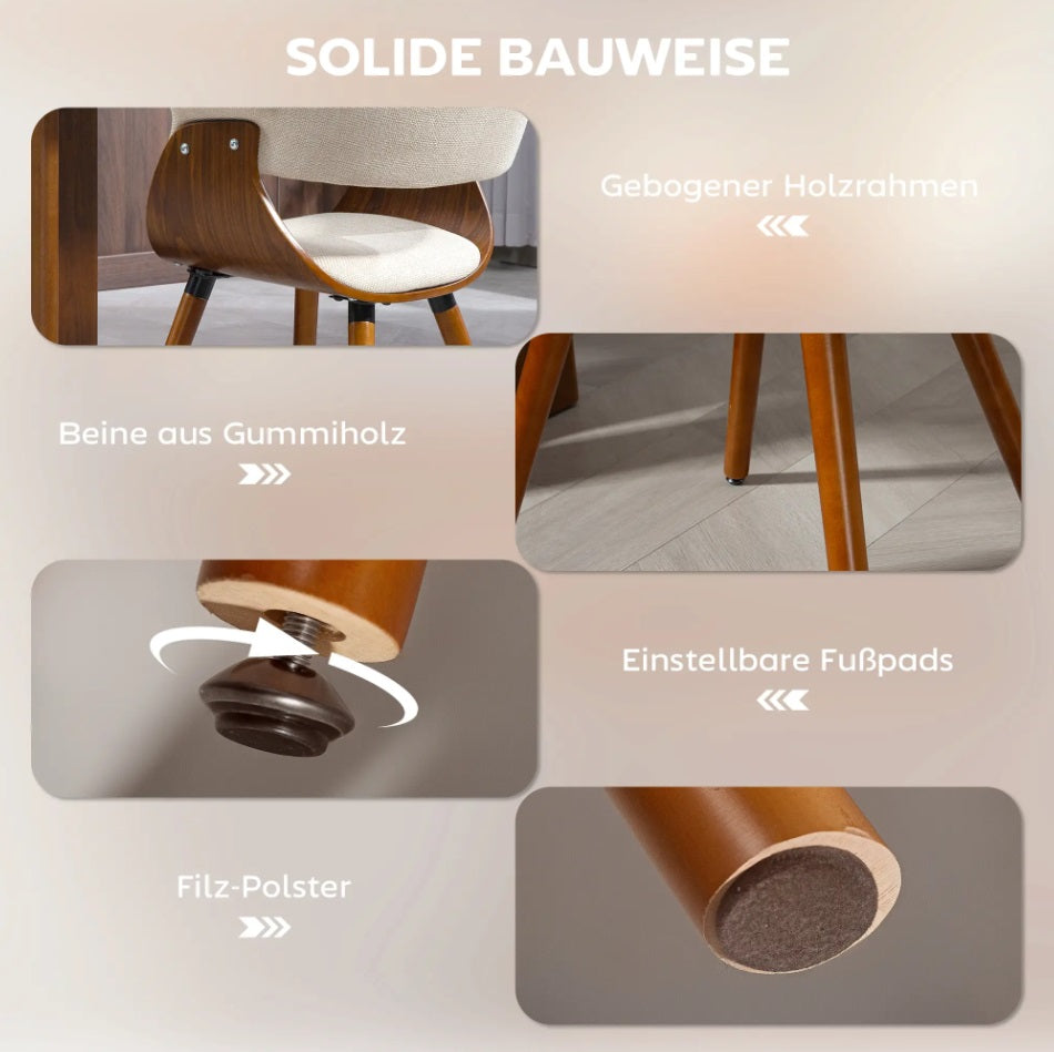 Designer Esszimmerstuhl Beige – Gebogene Holzschale & Leinen-Optik | Mid-Century