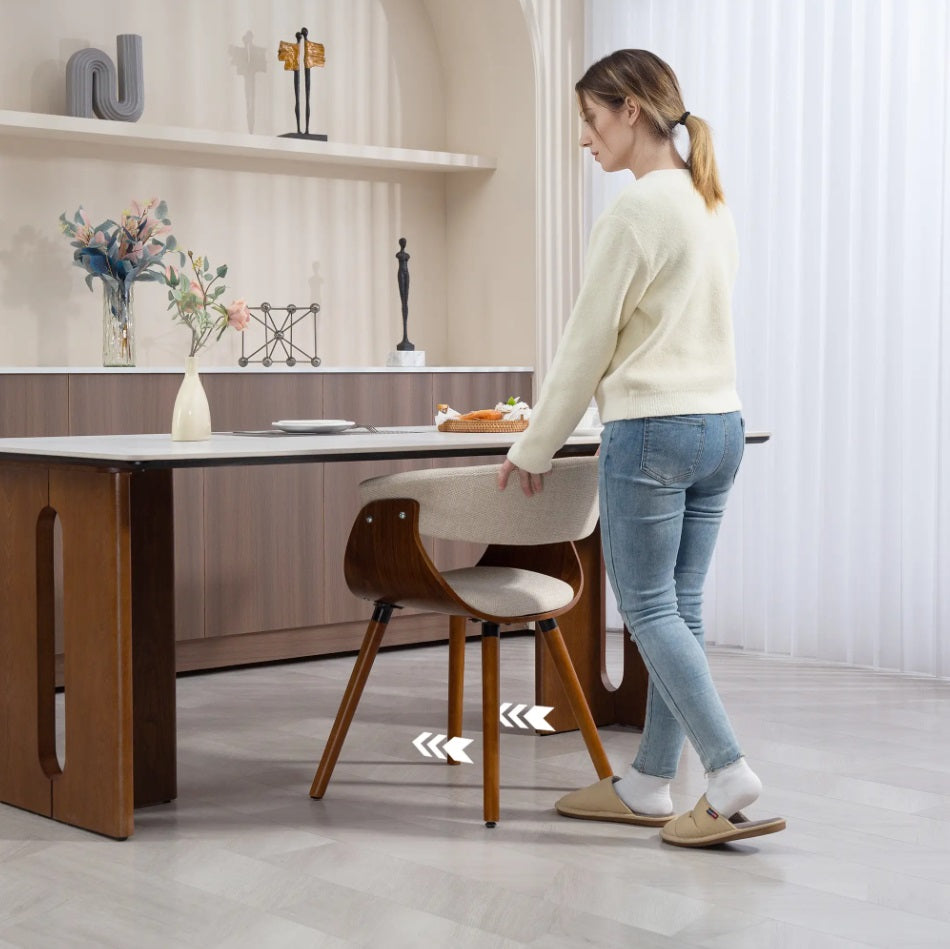 Designer Esszimmerstuhl Beige – Gebogene Holzschale & Leinen-Optik | Mid-Century