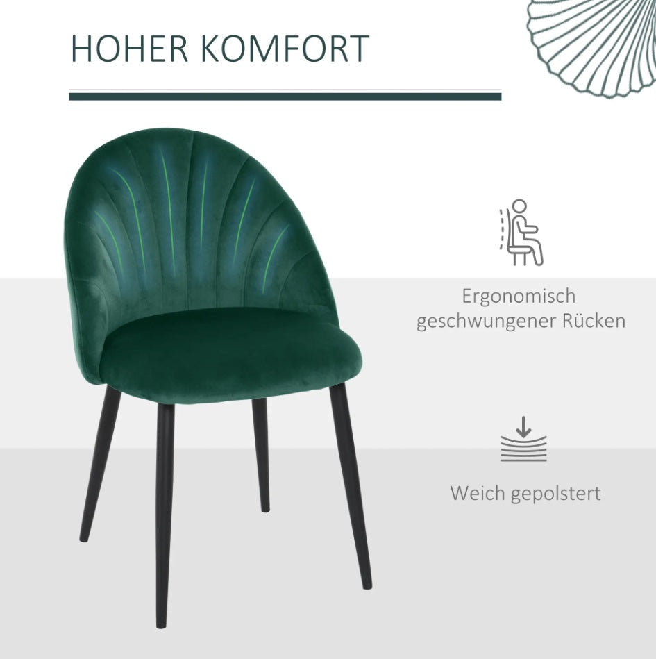 2er Set Esszimmerstühle Grün Samtoptik – Akzentstühle im Muschel-Design Retro