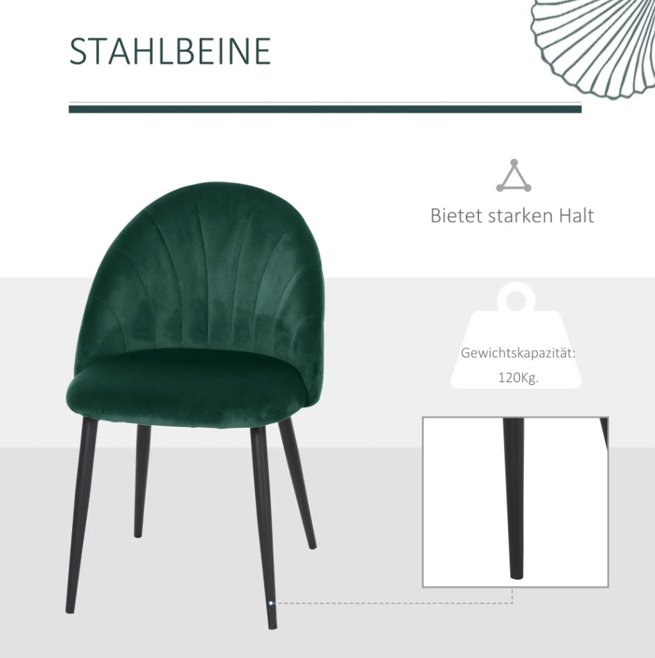 2er Set Esszimmerstühle Grün Samtoptik – Akzentstühle im Muschel-Design Retro