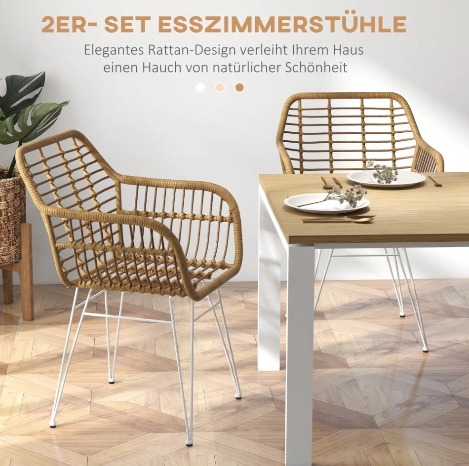 2er Set Esszimmerstühle Boho-Stil – Akzentstühle PE-Rattan Hellbraun mit Weißen Beinen