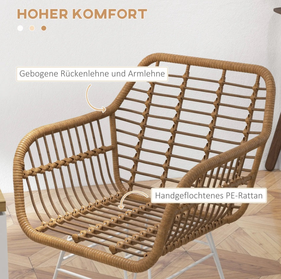 2er Set Esszimmerstühle Boho-Stil – Akzentstühle PE-Rattan Hellbraun mit Weißen Beinen