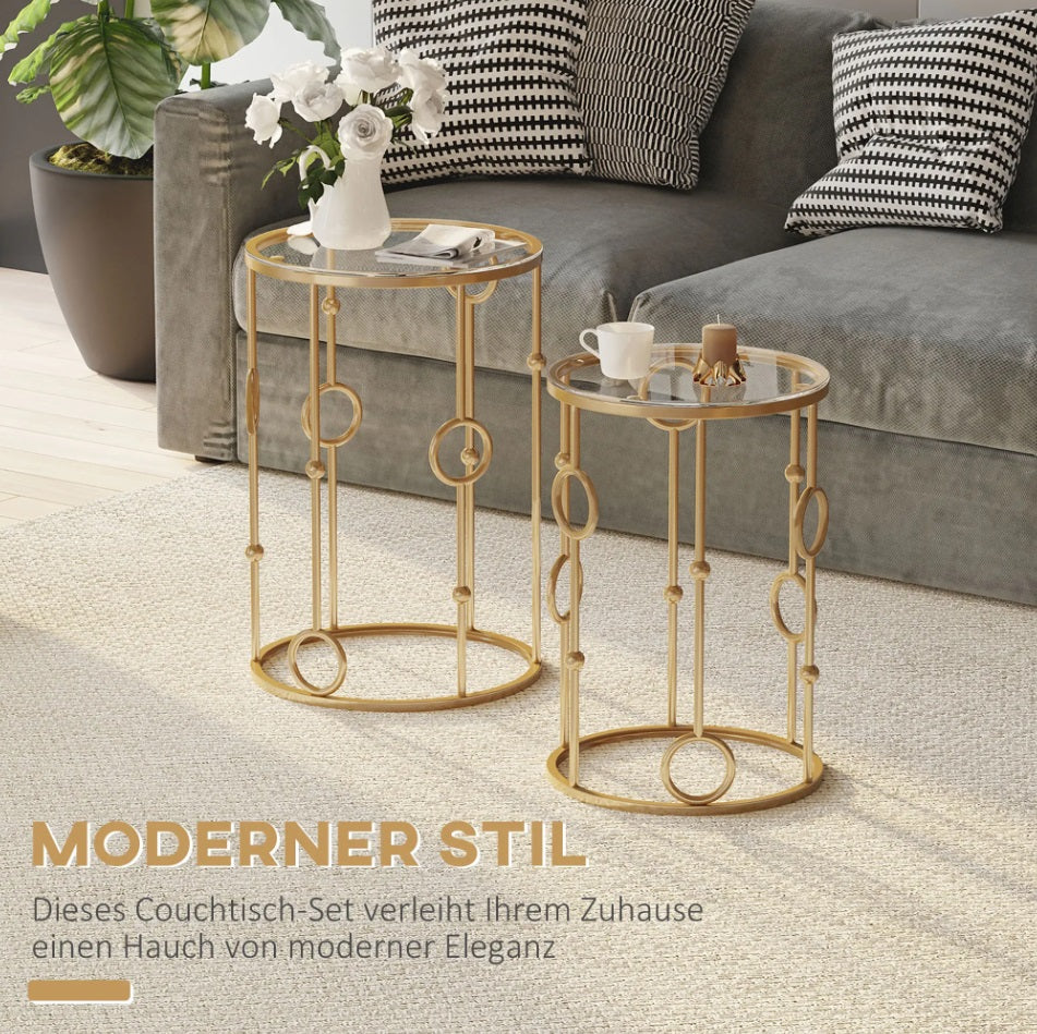 2er Couchtisch-Set Rund Gold – Glastische mit Reifen- & Kugeldesign (Ø41/Ø36 cm)