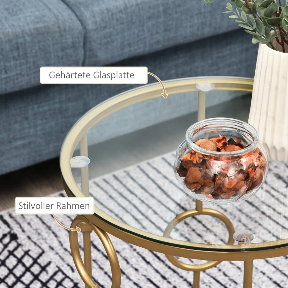2er Couchtisch-Set Rund Gold – Glastische mit Reifen- & Kugeldesign (Ø41/Ø36 cm)