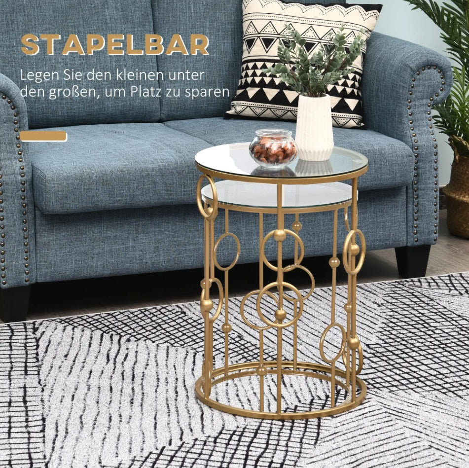 2er Couchtisch-Set Rund Gold – Glastische mit Reifen- & Kugeldesign (Ø41/Ø36 cm)