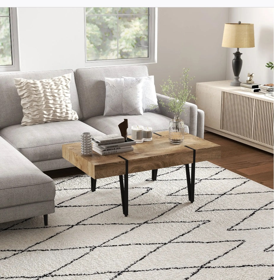 Couchtisch 105x60 cm Industriedesign – Rustikale Holzoptik, Schwarze Metallbeine