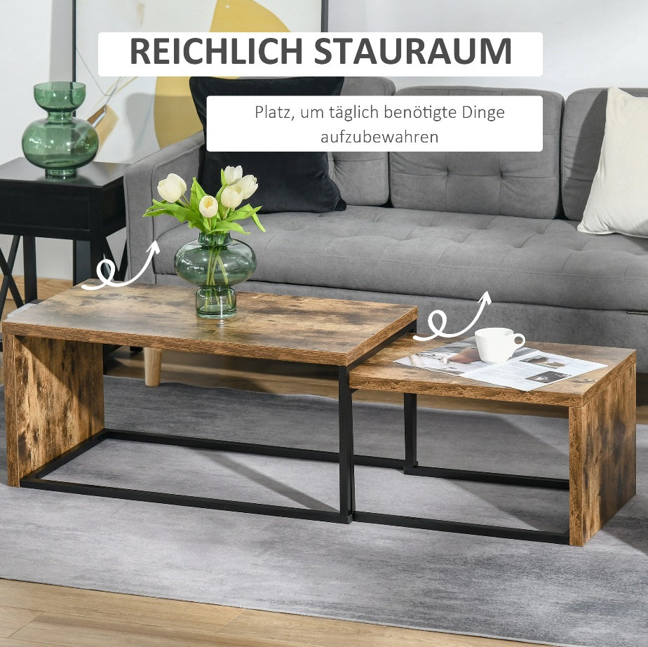 2er Couchtisch-Set Modern – Schwarz/Braun Satztische, Platzsparend (90x48 & 59x42 cm)