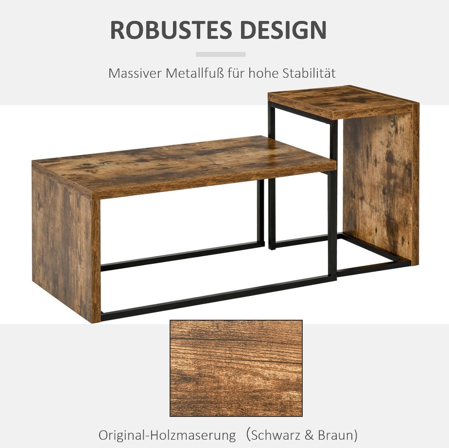 2er Couchtisch-Set Modern – Schwarz/Braun Satztische, Platzsparend (90x48 & 59x42 cm)