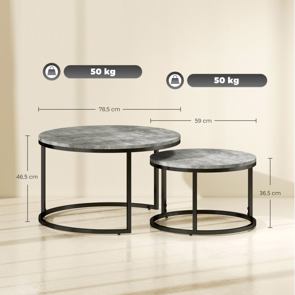 2er Couchtisch-Set Rund Grau – Zement-Optik Satztische im Industriedesign (Ø78/Ø59 cm)