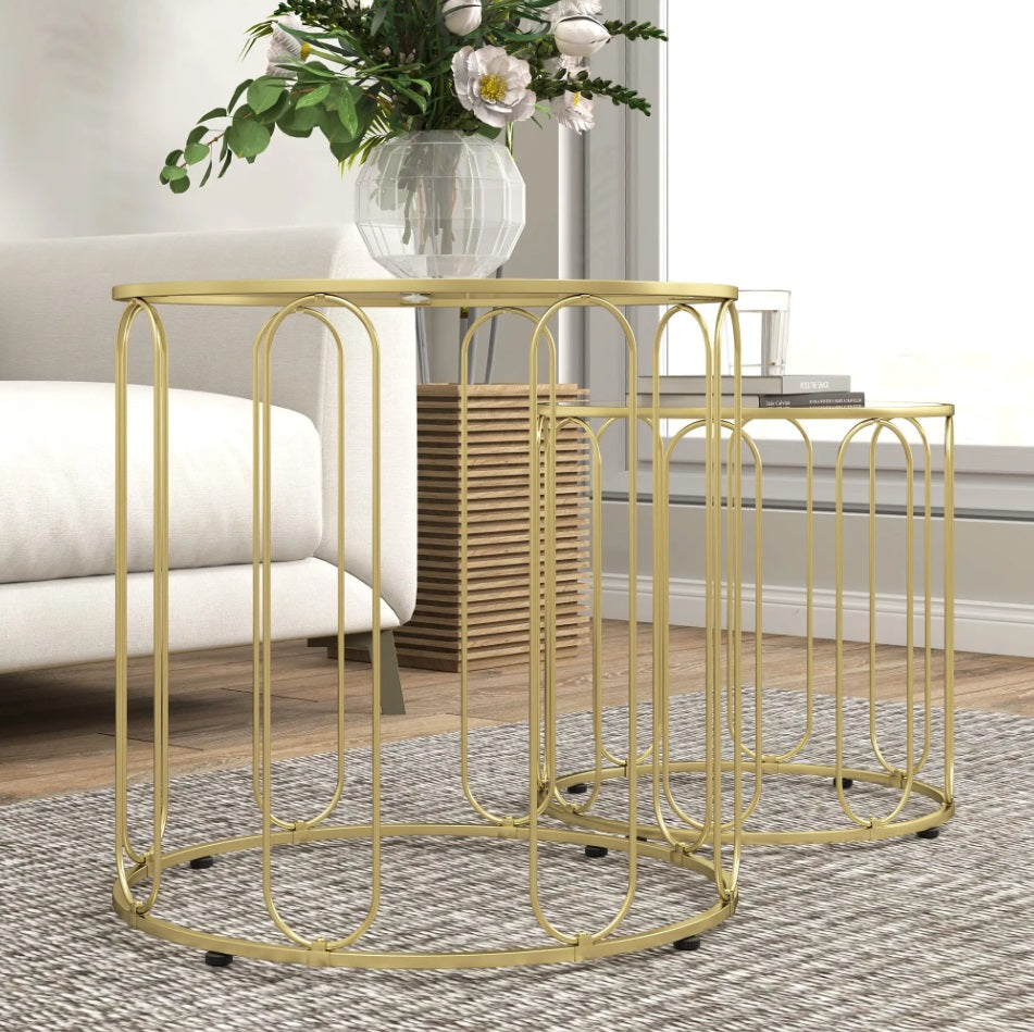 2er Couchtisch-Set Rund Gold – Glastische mit Geometrischem Rahmen (Ø50/Ø40 cm)
