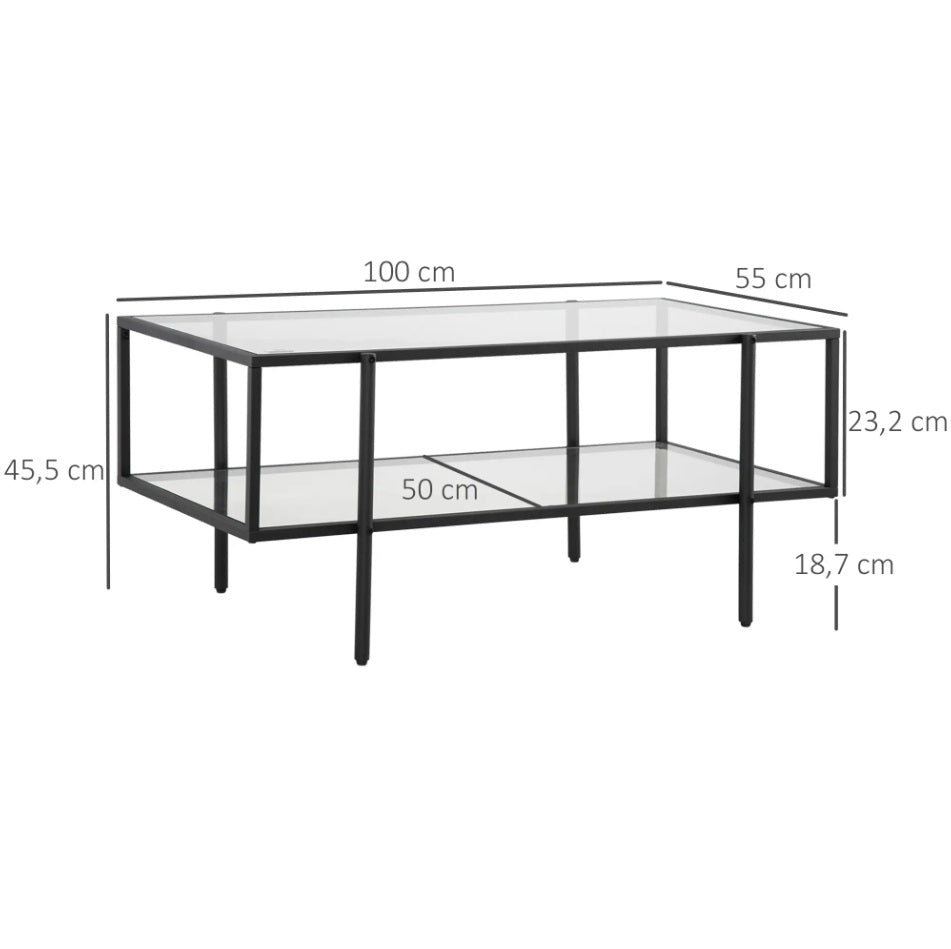 Couchtisch mit Ablage Weiß – Glastisch, 100x55 cm, Stahlrahmen, Modern