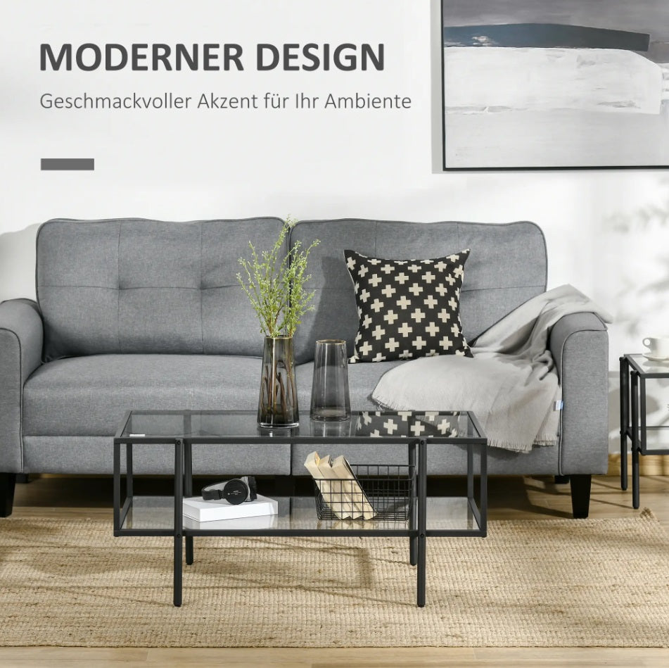 Couchtisch mit Ablage Weiß – Glastisch, 100x55 cm, Stahlrahmen, Modern