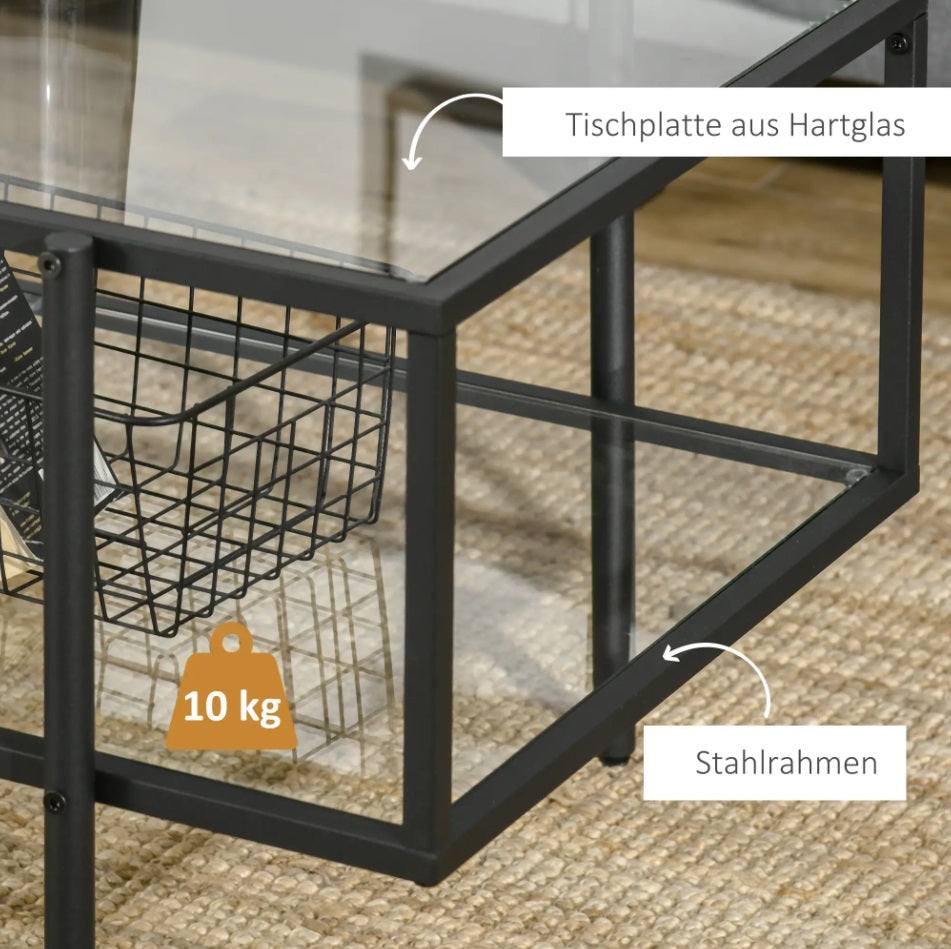 Couchtisch mit Ablage Weiß – Glastisch, 100x55 cm, Stahlrahmen, Modern