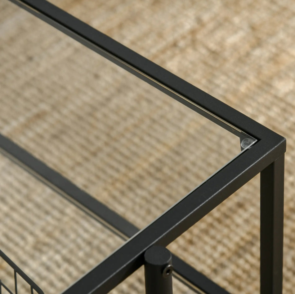 Couchtisch mit Ablage Weiß – Glastisch, 100x55 cm, Stahlrahmen, Modern