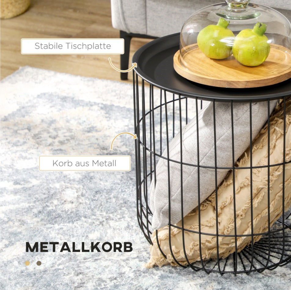 2er Satztisch-Set Skandidesign Schwarz – Beistelltische mit Stauraum/Korb (Ø40/Ø35 cm)