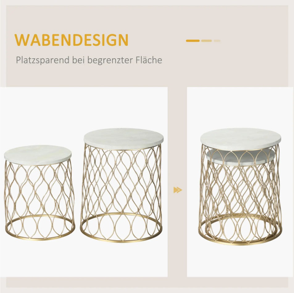 2er Satztisch-Set Outdoor Gold – Marmoroptik Beistelltische (Ø41/Ø35 cm), Stapelbar