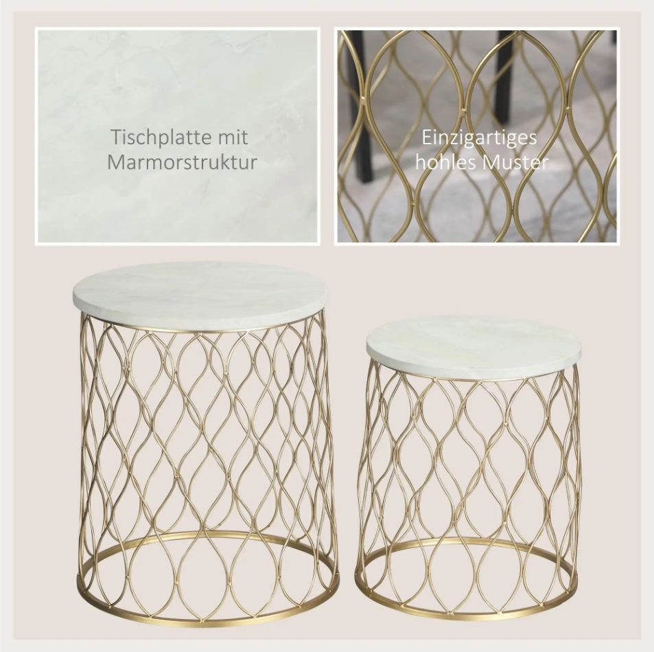 2er Satztisch-Set Outdoor Gold – Marmoroptik Beistelltische (Ø41/Ø35 cm), Stapelbar
