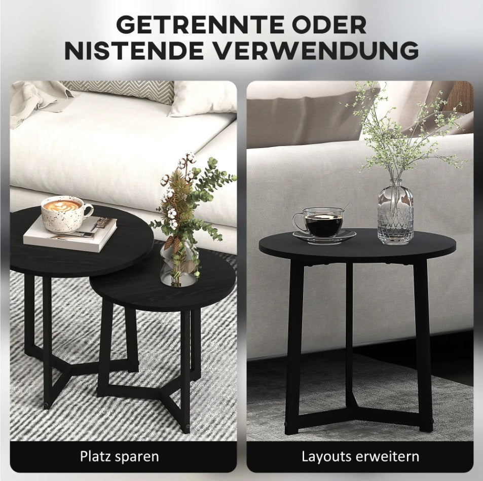 2er Couchtisch-Set Rund Schwarz – Modernes Satztische-Ensemble (Ø48/Ø40 cm)